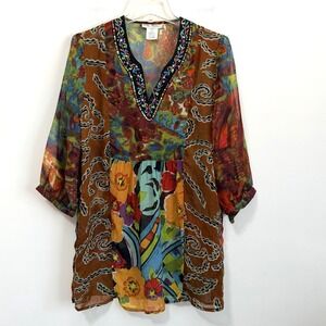 Ulla Popken Tunic Top 12/14 L Sheer Beaded Neckline Half Sleeve Party Boho Print